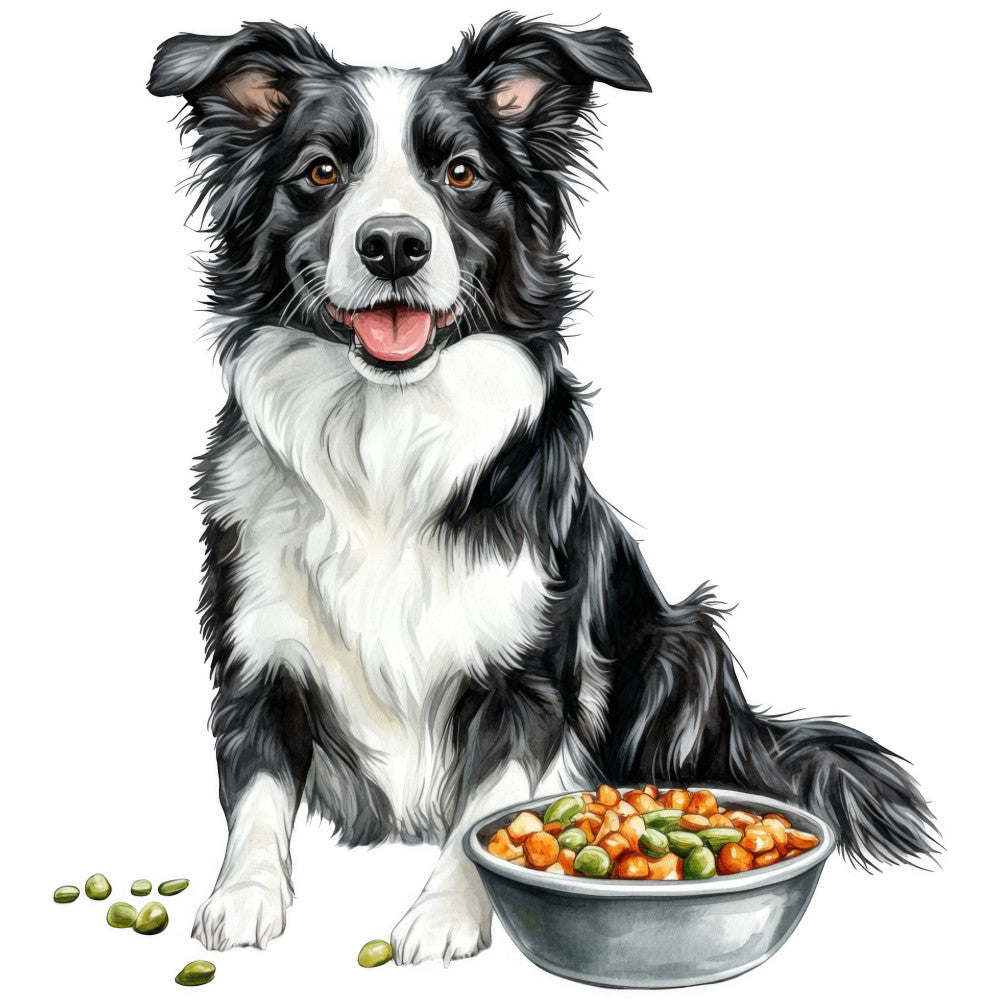 border collie, watercolor style, black and white dog, dog bowl, kibble, pet food, fabric panel, quilting cotton, realistic dog portrait, friendly expression, sitting pose, tongue out, brown eyes, fluffy fur, white background, pet theme, dog lover, animal art, detailed illustration, craft fabric