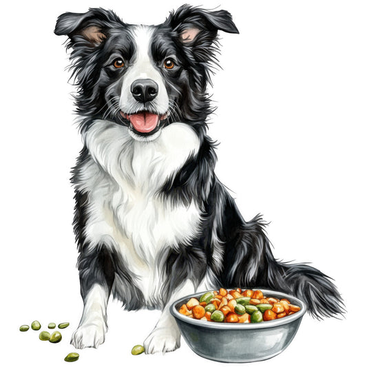 border collie, watercolor style, black and white dog, dog bowl, kibble, pet food, fabric panel, quilting cotton, realistic dog portrait, friendly expression, sitting pose, tongue out, brown eyes, fluffy fur, white background, pet theme, dog lover, animal art, detailed illustration, craft fabric