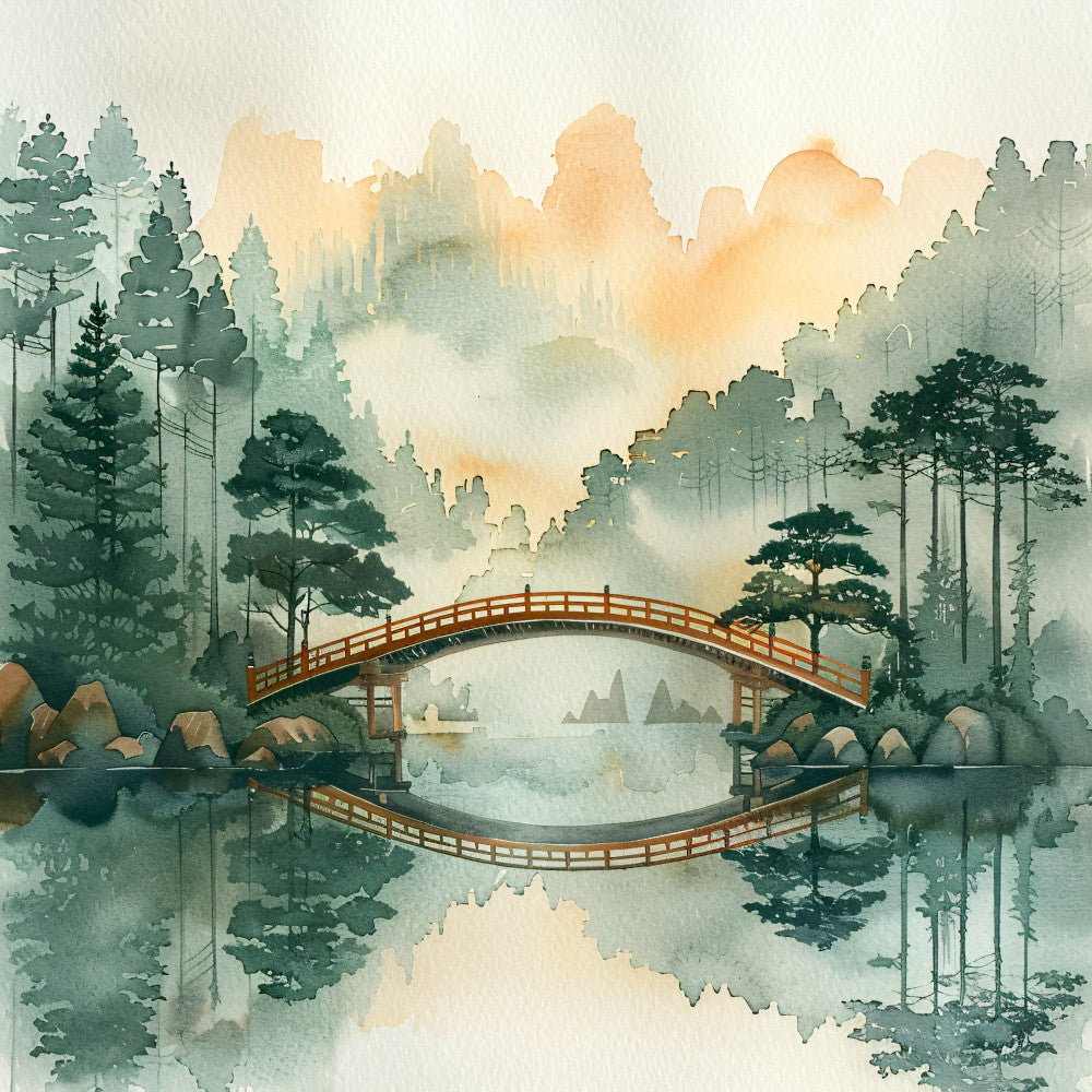 forest green, sage green, muted green, soft peach, warm gold, cream, misty gray, landscape, mountains, bridge, asian inspired, japanese art style, nature scene, water reflection, trees, peaceful, serene, traditional, elegant, zen, contemplative, scenic, woodland, misty forest, arched bridge, calming, tranquil, meditative, wall hanging, art panel