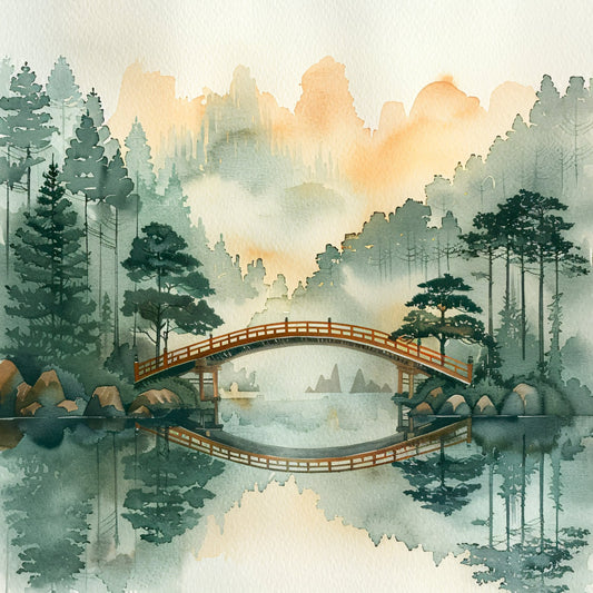 forest green, sage green, muted green, soft peach, warm gold, cream, misty gray, landscape, mountains, bridge, asian inspired, japanese art style, nature scene, water reflection, trees, peaceful, serene, traditional, elegant, zen, contemplative, scenic, woodland, misty forest, arched bridge, calming, tranquil, meditative, wall hanging, art panel