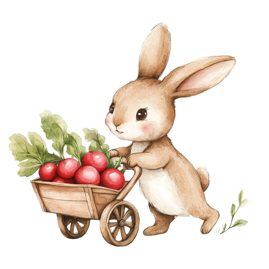 bunny rabbit, cute animals, woodland creatures, spring, garden vegetables, radishes, farmhouse, whimsical, children's, baby, nursery, pastel colors, cream, tan, brown, red, soft green, vintage style, storybook illustration, folk art, rustic, sweet, gentle, nature theme, animal illustration, vegetable garden, cottage style, kid-friendly, easter, watercolor style