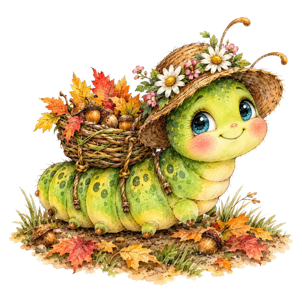 lime green, yellow green, chartreuse, coral pink, cream, burnt orange, gold, rust, autumn leaves, cute bugs, insects, caterpillar, whimsical, woodland, nature, fall, autumn, harvest, flowers, daisies, acorns, leaves, baskets, children's, storybook, vintage style, folk art, pastoral, seasonal, adorable creatures