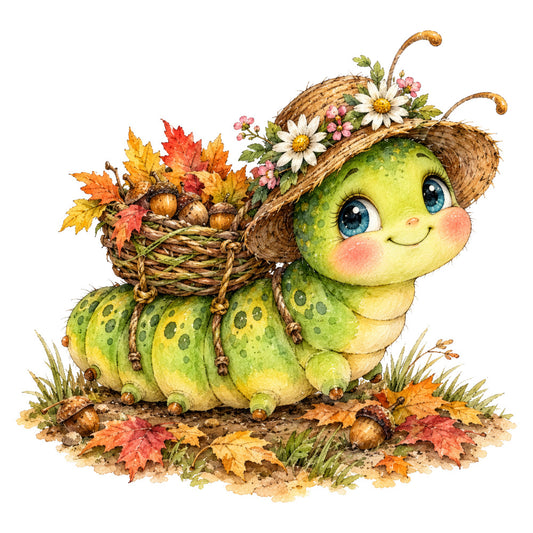 lime green, yellow green, chartreuse, coral pink, cream, burnt orange, gold, rust, autumn leaves, cute bugs, insects, caterpillar, whimsical, woodland, nature, fall, autumn, harvest, flowers, daisies, acorns, leaves, baskets, children's, storybook, vintage style, folk art, pastoral, seasonal, adorable creatures