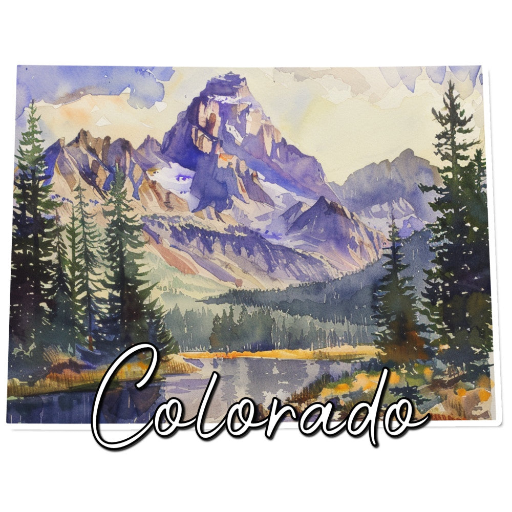 colorado, mountain landscape, scenic, nature, conifer trees, pine trees, evergreen, alpine, snow-capped peaks, lake, water, vintage travel poster, retro, travel, state pride, purple, blue, cream, tan, beige, forest green, golden yellow, rust, watercolor, artistic, scenic vista, mountain scene, cabin decor, rustic, outdoor