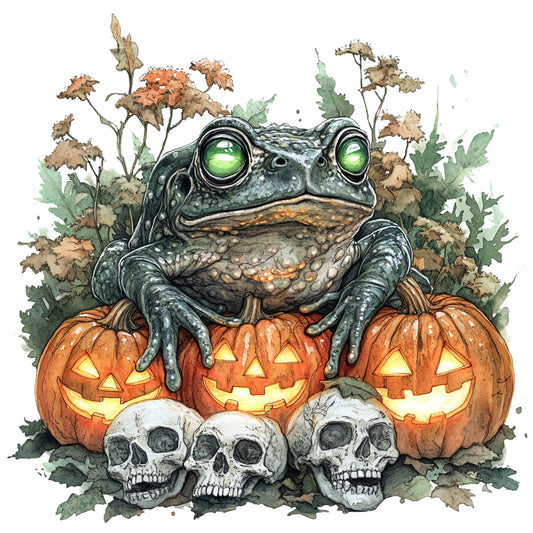 halloween, frog, toad, pumpkin, jack-o-lantern, skull, autumn, fall, orange, green, cream, black, whimsical, spooky, creepy, nature, animals, amphibian, seasonal, holiday, dried flowers, botanical, woodland, vintage, illustration, watercolor, festive, trick-or-treat, october, harvest