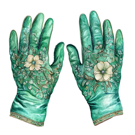 emerald green, sage green, cream, ivory, floral, botanical, vintage, elegant, ornate, decorative gloves, fashion illustration, detailed embroidery, delicate flowers, white flowers, ornamental, traditional, classical, hand-drawn, nature, spring, garden, antique, whimsical, historic, refined, detailed motifs, fabric design, textile art, luxury, ornate border