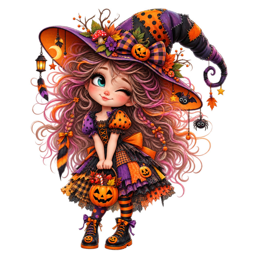halloween, witch, orange, purple, pink, black, whimsical, pumpkin, jack-o-lantern, spooky, autumn, fall, costume, girl, character, magical, enchanted, witchy, checkered, polka dot, striped, stars, moons, bats, spiders, flowers, leaves, festive, playful, child-friendly