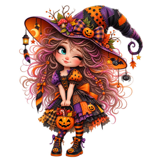 halloween, witch, orange, purple, pink, black, whimsical, pumpkin, jack-o-lantern, spooky, autumn, fall, costume, girl, character, magical, enchanted, witchy, checkered, polka dot, striped, stars, moons, bats, spiders, flowers, leaves, festive, playful, child-friendly
