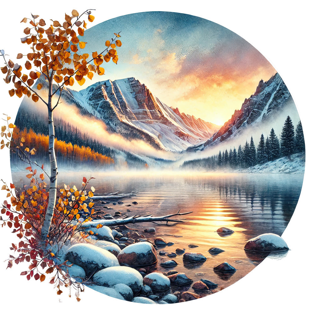 autumn foliage, mountain landscape, lake reflection, snow-capped peaks, orange leaves, golden sunset, birch trees, rocky shoreline, evergreen trees, mist fog, scenic vista, nature scene, fabric panel, quilting cotton, realistic artwork, warm colors, cool blues, peaceful mood, outdoor wilderness, circular design