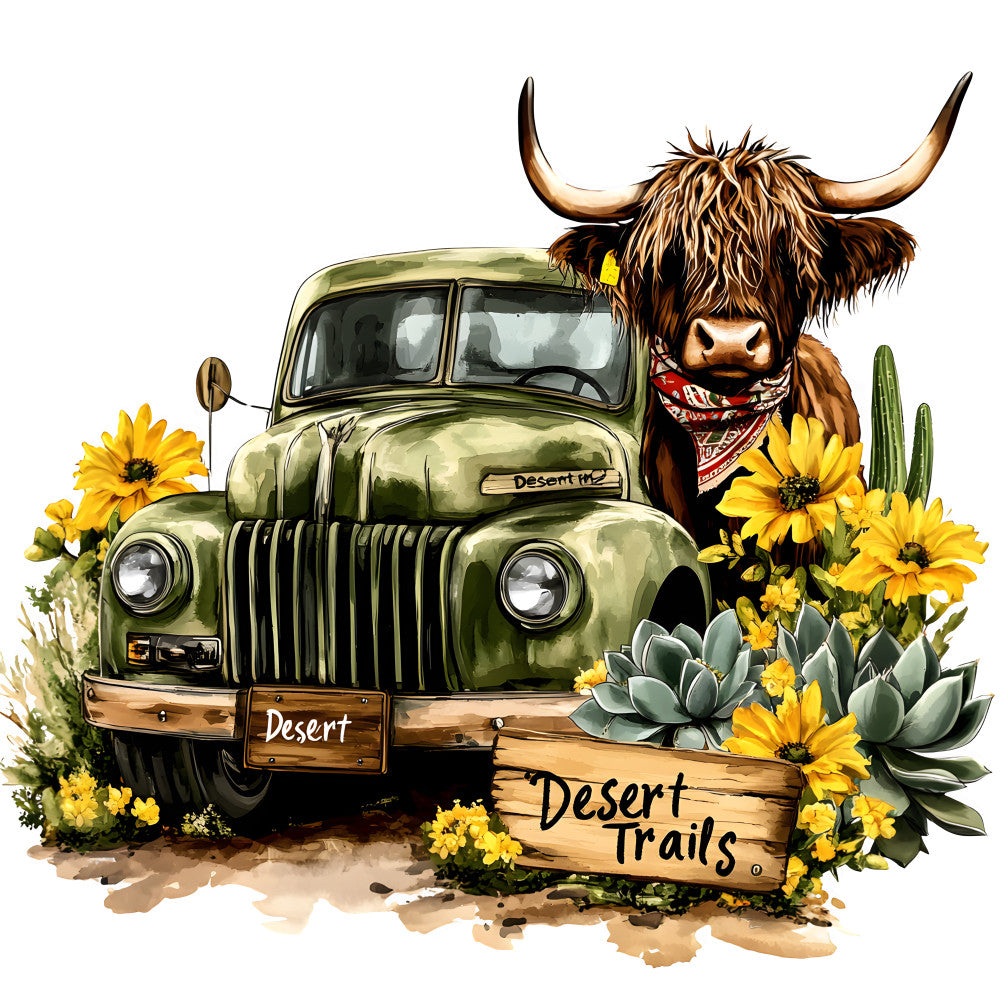Highland Cows in Vintage Trucks Fabric Panel 3 featuring a rustic green truck with sunflowers and a Highland cow in a desert setting.