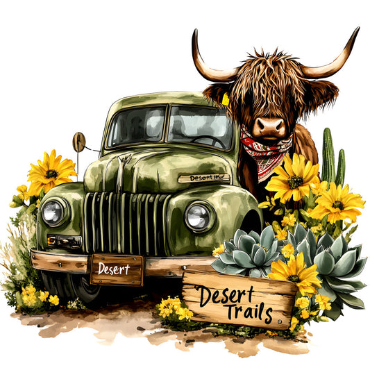 Highland Cows in Vintage Trucks Fabric Panel 3 featuring a rustic green truck with sunflowers and a Highland cow in a desert setting.