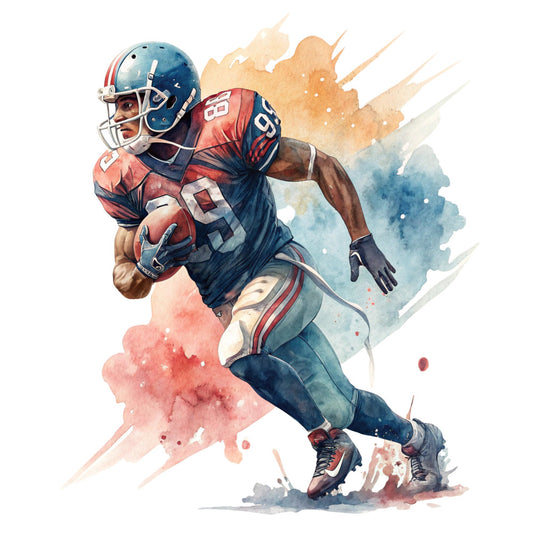 navy blue, coral red, burnt orange, cream, watercolor, abstract, sports, football, athletic, american football, player, action, dynamic, modern, contemporary, splatter, ink wash, masculine, team spirit, sportswear inspired, competitive, energetic, gaming, recreational, wall art, decorative panel, home decor, loose brushstrokes, expressive