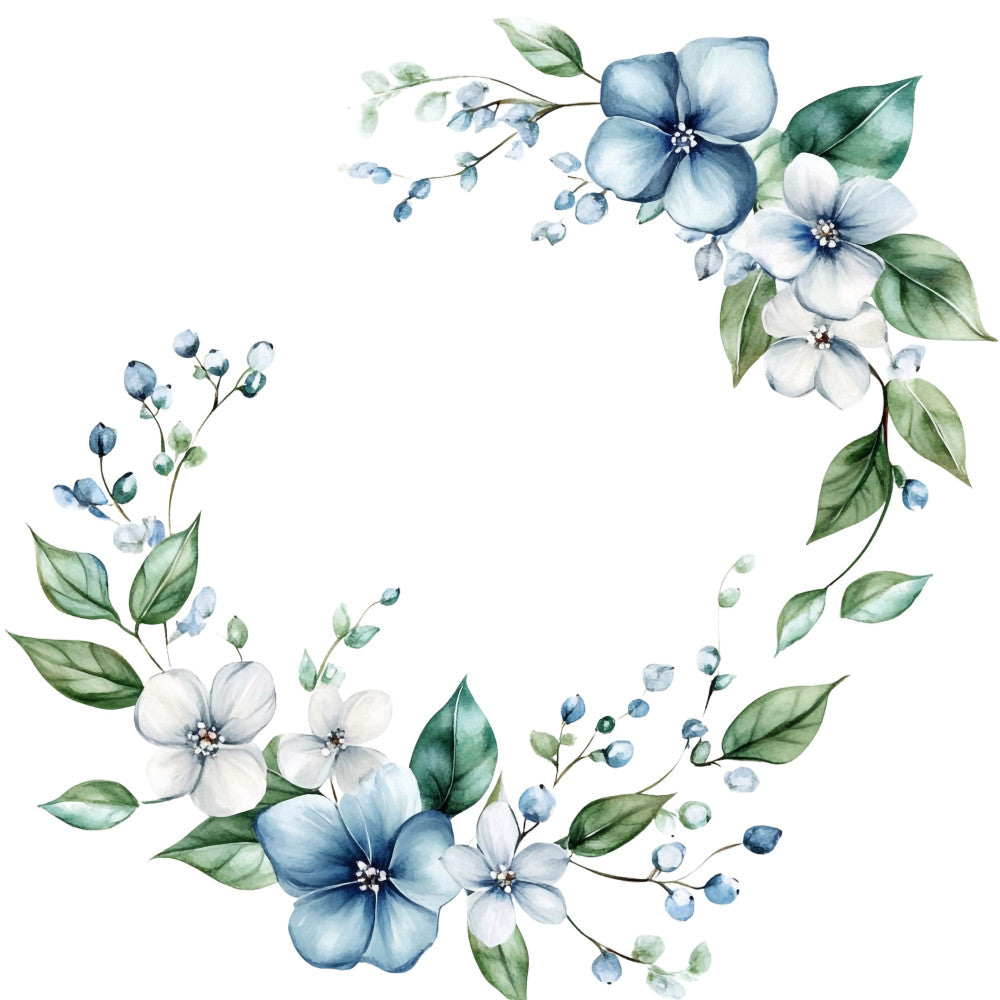 blue flowers, white flowers, dusty blue, soft blue, sage green, botanical, floral wreath, watercolor flowers, delicate flowers, nature, spring, garden, elegant, romantic, soft colors, pastel blue, cream white, leaf motifs, berry sprigs, vintage style, traditional floral, four patch panel, corner design, wedding, nature inspired, cottage core, feminine, gentle, dreamy, watercolor botanical