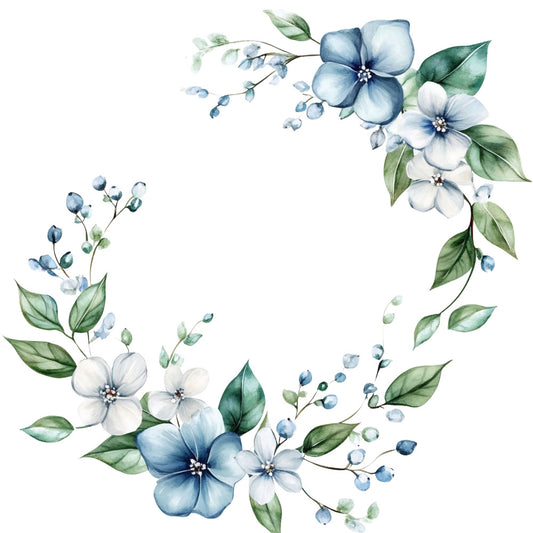 blue flowers, white flowers, dusty blue, soft blue, sage green, botanical, floral wreath, watercolor flowers, delicate flowers, nature, spring, garden, elegant, romantic, soft colors, pastel blue, cream white, leaf motifs, berry sprigs, vintage style, traditional floral, four patch panel, corner design, wedding, nature inspired, cottage core, feminine, gentle, dreamy, watercolor botanical