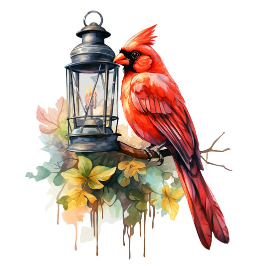 red cardinal, watercolor style, lantern, autumn leaves, bird panel, quilting fabric, orange beak, black mask, feathered crest, vintage lantern, fall foliage, nature scene, fabric panel, cotton panel, bird illustration, warm colors, rust tones, golden leaves, painterly effect, wildlife motif