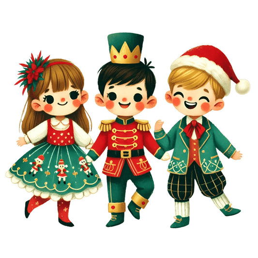 christmas, holiday, festive, children, cute, whimsical, red, forest green, gold, cream, nutcracker, soldier, santa hat, caroler, vintage, retro, festive characters, cheerful, joyful, traditional, winter, seasonal, decorative, character panel, holiday characters, classic christmas, nostalgic, elegant, formal wear, military jacket