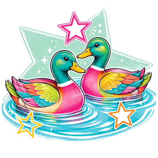 rainbow ducks, whimsical animals, turquoise, hot pink, magenta, lime green, coral orange, pastel mint, colorful birds, waterfowl, celestial stars, sparkly, playful, children's, baby, modern, vibrant, multi-color, wing patterns, water ripples, fun, cheerful, girls, novelty print, swimming ducks, magical, bright, contemporary, nature inspired