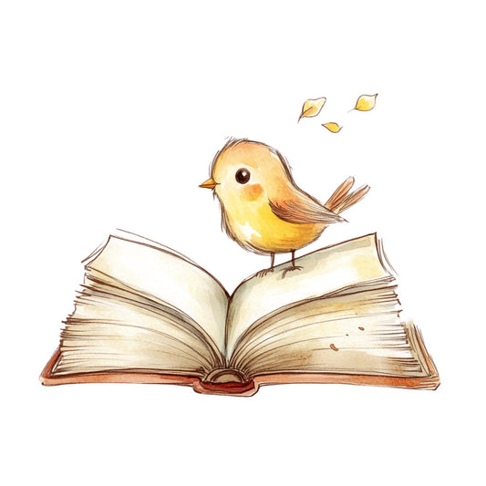 yellow bird, golden yellow, cream, brown, autumn leaves, fall leaves, whimsical, storybook, children's, literary, books, reading, nature, woodland, bird illustration, cute animals, vintage style, nostalgic, soft watercolor, gentle, peaceful, spring, baby shower, nursery, wall art, home decor, inspirational, educational theme