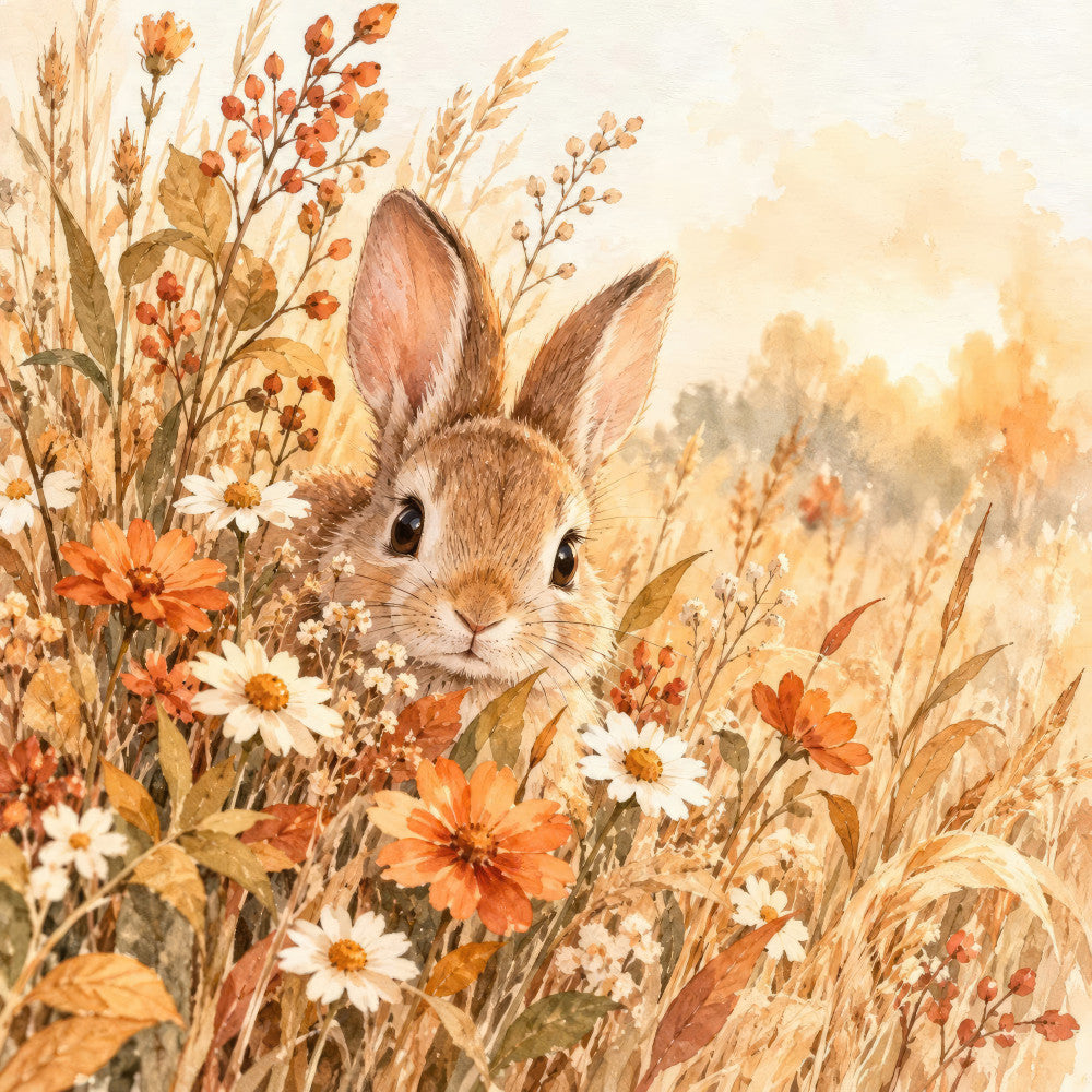 autumn, bunny, rabbit, fall, wildflowers, daisies, orange flowers, cream, tan, beige, rust, golden yellow, warm tones, floral, nature, woodland, meadow, field, whimsical, gentle, storybook, children, baby, soft, watercolor, botanical, rustic, countryside, sweet, innocent
