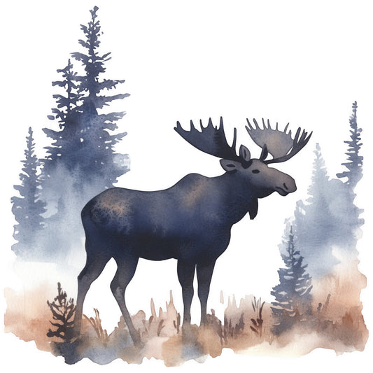 moose, forest scene, watercolor style, navy blue, brown, taupe, evergreen trees, wildlife, nature panel, fabric panel, quilting cotton, misty background, antlers, pine trees, woodland, rustic, outdoor theme, animal silhouette, earthy tones, wilderness