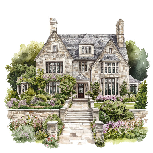 english manor, stone cottage, fabric panel, watercolor style, botanical garden, purple flowers, green foliage, slate roof, chimneys, landscaped grounds, stone steps, country estate, tudor architecture, quilting cotton, scenic illustration, garden pathway, lavender blooms, rustic stonework, countryside dwelling, artistic rendering