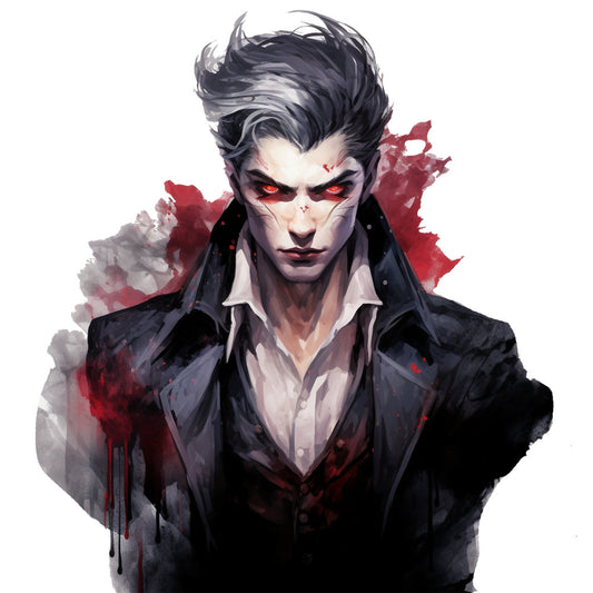 gothic portrait, dramatic red eyes, dark hair, mysterious character, black clothing, white shirt, vampire aesthetic, dark fantasy, moody illustration, red and black, charcoal gray, dramatic makeup, evil villain, supernatural theme, dark romance, dramatic watercolor, elegant villain, intense expression, comic book style, manga inspired, character art, anime style, dark brooding, menacing portrait, supernatural creature, goth fashion, dark elegance, dramatic splatter effect