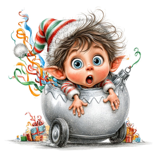 whimsical, elf, christmas, holiday, festive, red and green stripes, candy cane stripes, striped hat, surprised expression, playful, children's, baby, winter, silver grey, metallic grey, red accents, green accents, orange accents, multicolor, confetti, streamers, presents, gifts, wrapped gifts, joy, cheerful, cute characters, fantasy, magical, seasonal