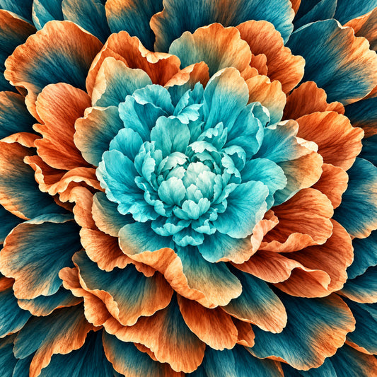 teal, turquoise, coral, orange, peach, cream, white, layered petals, dimensional flower, peony, dahlia, floral, botanical, nature, modern, contemporary, abstract floral, bold color blocking, three-dimensional effect, textured petals, vibrant, artistic, decorative, statement fabric, home decor, wall art, spring, summer, elegant, sophisticated