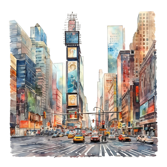 urban cityscape, times square, new york, watercolor, street scene, architectural, buildings, skyscrapers, yellow taxis, traffic lights, modern city, contemporary, illustration style, rust orange, golden yellow, dusty blue, warm neutrals, gray tones, coral accents, artistic rendering, downtown, bustling street, commercial district, wall art, home decor, metropolitan, cosmopolitan, painted effect, impressionistic, vibrant cityscape