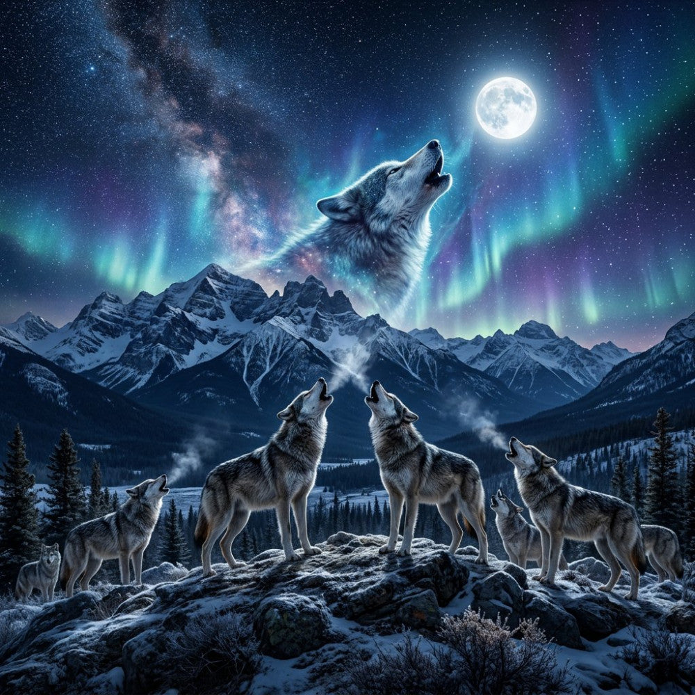 wolves, northern lights, aurora borealis, night sky, full moon, mountains, snow, winter, celestial, starry night, wildlife, forest, evergreen trees, howling wolves, pack, midnight blue, deep blue, teal, purple, silver, white, nature, landscape, mystical, magical, whimsical, dramatic, dark, moody, winter scene
