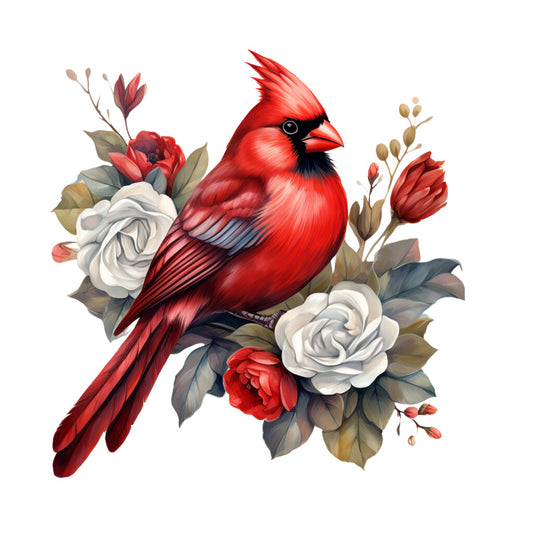 red cardinal, bird illustration, floral arrangement, white roses, red roses, botanical design, nature motif, bright red plumage, black facial markings, fabric panel, quilting cotton, decorative leaves, flowering branches, wildlife art, songbird design, garden flowers, ornithology theme, craft fabric, sewing panel, detailed illustration