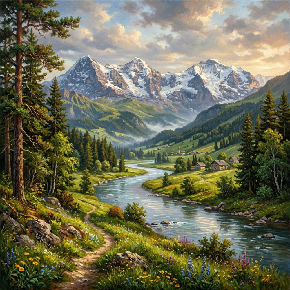 alpine landscape, mountain scenery, snow-capped peaks, coniferous forest, pine trees, evergreen trees, wildflowers, meadow, pastoral valley, river, stream, nature scene, scenic vista, countryside, traditional, rustic, landscape art, spring, summer, sky blue, forest green, cream, white, brown, sage green, soft colors, cottage homes, outdoor adventure, hiking trail, natural beauty