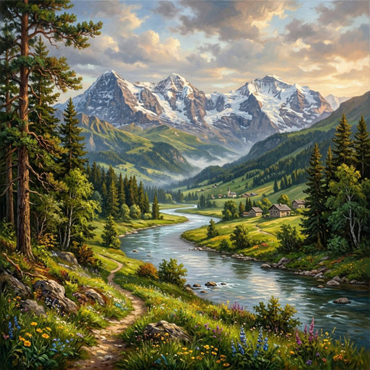 alpine landscape, mountain scenery, snow-capped peaks, coniferous forest, pine trees, evergreen trees, wildflowers, meadow, pastoral valley, river, stream, nature scene, scenic vista, countryside, traditional, rustic, landscape art, spring, summer, sky blue, forest green, cream, white, brown, sage green, soft colors, cottage homes, outdoor adventure, hiking trail, natural beauty