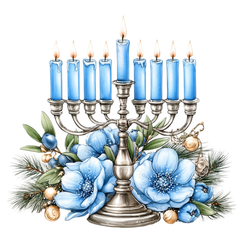 sky blue, light blue, silver, cream, gold, metallic, floral, anemone, flowers, holiday, winter, christmas, hanukkah, chanukah, menorah, candles, elegant, sophisticated, festive, traditional, botanical, evergreen, pine branches, ornaments, beads, decorative, formal, celebratory, special occasion
