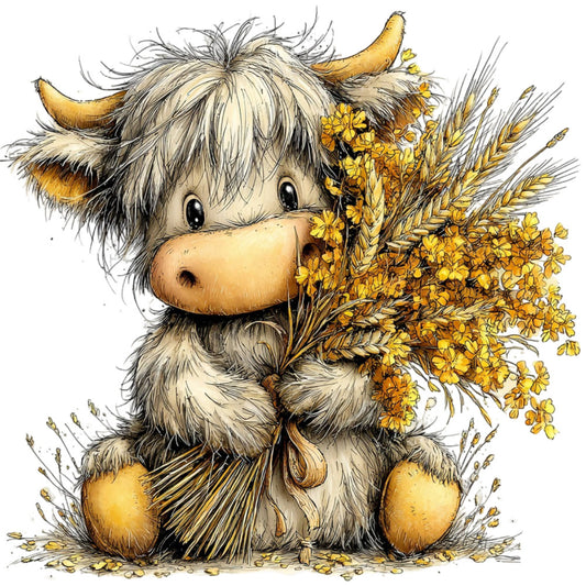 cream, tan, golden yellow, warm beige, black accents, floral, botanical, animal, whimsical, rustic, farmhouse, highland cattle, cow, wheat, grain, wildflowers, daisy, nature-inspired, autumn, fall harvest, countryside, folk art, charming, cozy, children's, storybook, gentle, pastoral, adorable, sweet