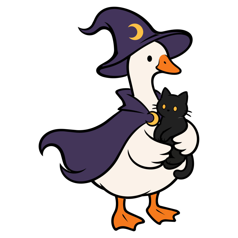witch, halloween, celestial, moon, black cat, purple, orange, cream, navy, whimsical, magical, spooky, animals, birds, duck, goose, witch hat, crescent moon, autumn, fall, holiday, enchanted, playful, charming, cute, themed print, character design, festive, trick or treat