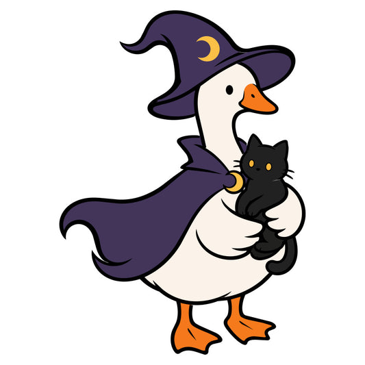 witch, halloween, celestial, moon, black cat, purple, orange, cream, navy, whimsical, magical, spooky, animals, birds, duck, goose, witch hat, crescent moon, autumn, fall, holiday, enchanted, playful, charming, cute, themed print, character design, festive, trick or treat