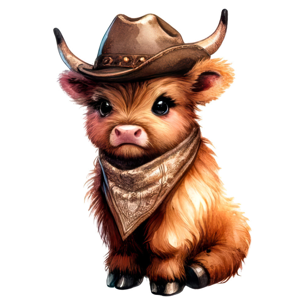 cowboy bull, western, rustic, farmhouse, animal, cattle, brown, tan, cream, rust orange, burgundy, whimsical, cute, novelty, cow character, bandana, cowboy hat, horns, children's, playful, charming, folk art, country, humorous, adorable, detailed illustration, decorative panel, wall hanging, baby quilt, themed fabric