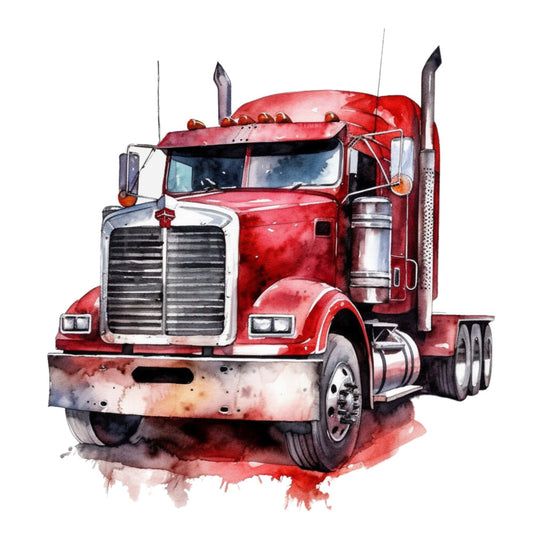 watercolor truck, semi truck, red truck, crimson red, deep red, chrome details, silver accents, transportation theme, automotive art, watercolor painting, fabric panel, quilting cotton, truck illustration, masculine design, vehicle motif, painted style, trucking theme, big rig, commercial vehicle, artistic rendering