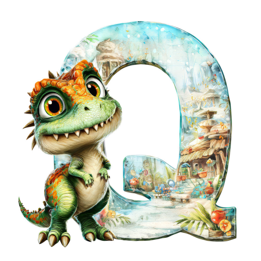 dinosaur, letter q, orange scales, green reptile, turquoise, aqua blue, cartoon style, fantasy scene, underwater world, whimsical art, fabric panel, quilting cotton, children's theme, prehistoric creature, big eyes, spikes, coral reef, magical landscape, bright colors, playful design
