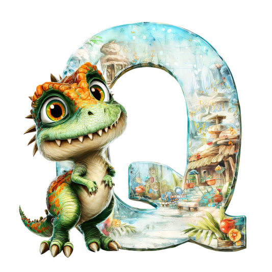dinosaur, letter q, orange scales, green reptile, turquoise, aqua blue, cartoon style, fantasy scene, underwater world, whimsical art, fabric panel, quilting cotton, children's theme, prehistoric creature, big eyes, spikes, coral reef, magical landscape, bright colors, playful design