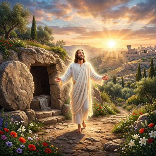 resurrection, religious, spiritual, jesus christ, easter, faith, inspirational, tomb, garden, landscape, sunrise, sunset, golden hour, olive trees, flowers, wildflowers, biblical, christian, cream white, soft gold, warm beige, sage green, dusty earth tones, celestial glow, nature scene, peaceful, serene, heavenly, traditional, contemplative