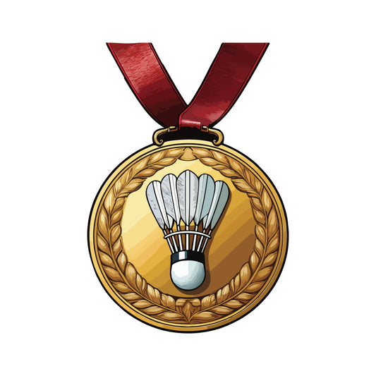 badminton, sports, gold, burgundy, maroon, wine red, cream, metallic gold, laurel wreath, birdie, athletic, competition, trophy medal, achievement, victory, games, recreational sports, vintage sports, elegant, classic, traditional, decorative medallion, ribbon accent, white feathers, circular design, inspirational, motivational, sports themed, equipment motif
