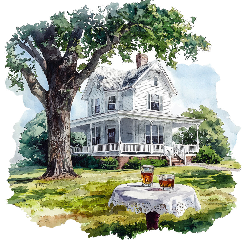 watercolor painting, bourbon whiskey, southern home, white farmhouse, large oak tree, green foliage, amber liquid, glass tumblers, white tablecloth, lace doily, front porch, brick chimney, fabric panel, quilting cotton, peaceful scene, countryside setting, brown tree trunk, blue sky, rolling lawn, distillery theme