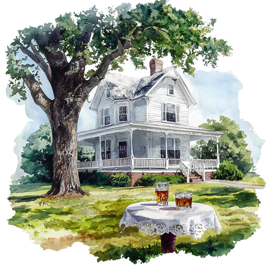 watercolor painting, bourbon whiskey, southern home, white farmhouse, large oak tree, green foliage, amber liquid, glass tumblers, white tablecloth, lace doily, front porch, brick chimney, fabric panel, quilting cotton, peaceful scene, countryside setting, brown tree trunk, blue sky, rolling lawn, distillery theme