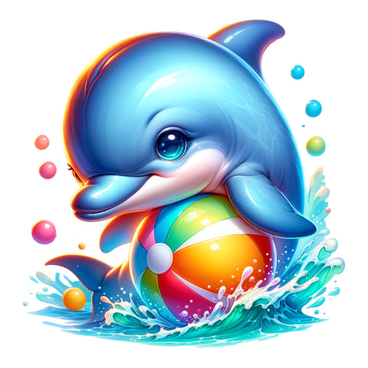 watercolor dolphin, cute dolphin, blue dolphin, rainbow colors, turquoise, coral pink, yellow, green, purple, ocean splash, water bubbles, beach ball, playful dolphin, whimsical art, children's fabric, fabric panel, quilting cotton, marine animal, sea creature, summer theme, bright colors, cartoon style