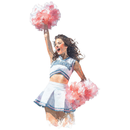 cheerleader, sports, athletic, watercolor, painted, abstract, coral pink, rose pink, white, blue, powder blue, navy blue, skin tone, portrait, figure, human, people, whimsical, artistic, contemporary, modern, pom poms, action pose, dynamic, energetic, vibrant, illustration style, fan apparel, team spirit, retro sports