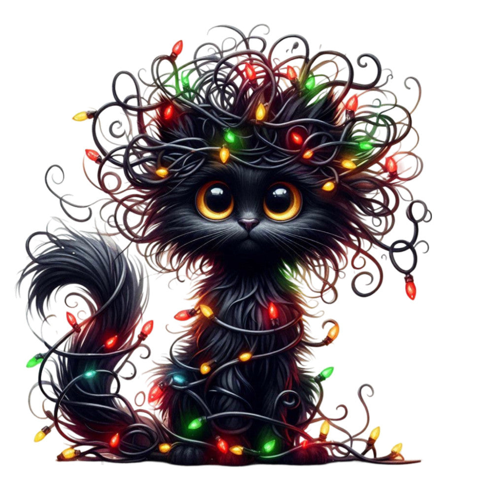 black cat, golden yellow eyes, christmas lights, holiday, festive, whimsical, fantasy, magical, dark colors, red lights, green lights, amber lights, curly hair, fluffy, sparkly, enchanted, winter holiday, decorative lights, cute animals, playful, quirky, artistic, illustration style, seasonal, christmas themed, pet lovers, dark whimsical, luminous, glowing lights