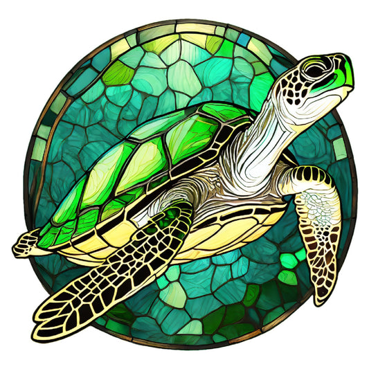 sea turtle, stained glass, ocean green, lime green, yellow-green, teal, turquoise, cream white, black outlines, geometric, nature, wildlife, animals, reptiles, tropical, summer, water, marine life, glass art style, decorative, artistic, elegant, detailed illustration, sea life, aquatic, panel design, wall hanging, nature lover, ocean theme