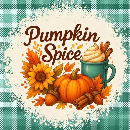 pumpkin spice, autumn, fall, harvest, thanksgiving, orange, teal, green, cream, cinnamon sticks, sunflower, pumpkin, acorns, leaves, whimsical, rustic, farmhouse, seasonal, cozy, autumn leaves, coffee mug, spiced beverage, nature, botanical, warm colors, plaid background, distressed, vintage style, holiday decor